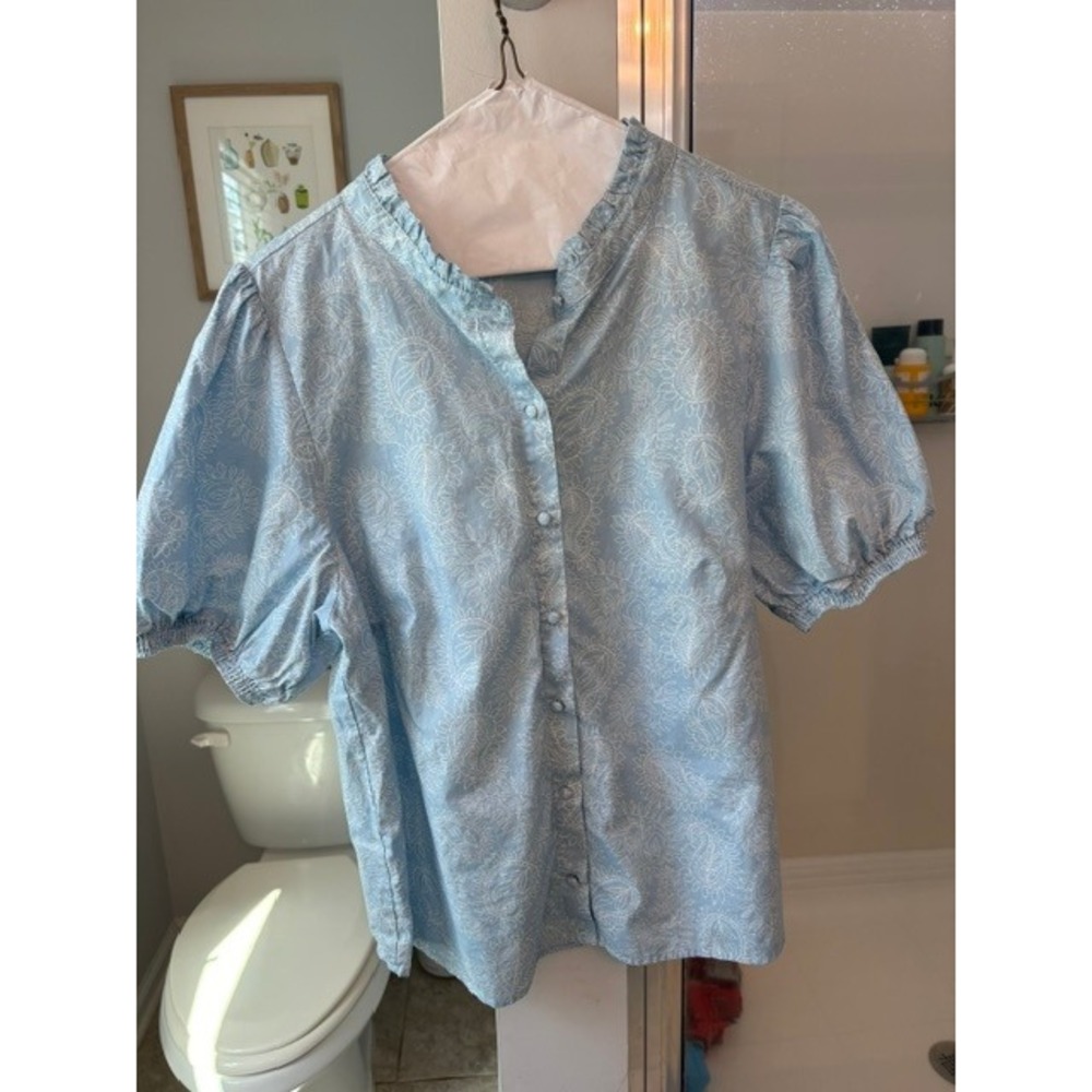 41 Hawthorn Women's Large Blue Paisley Cotton Puff Sleeve Button Front Blouse